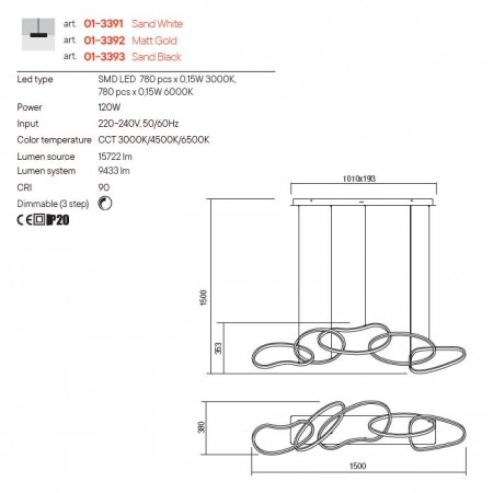 Suspension Redo Bias, metal, matt gold, LED CCT, 120W, 9433 lumens, 3000K/4500K/6500K, L.150 cm