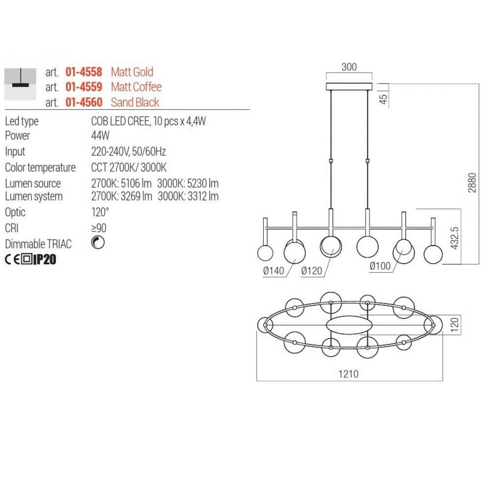 Pendant lamp Redo Bolla, metal, glass, sand black, LED CCT, 44W, 3312 lumens, warm white 2700K/3000K, L.121 cm