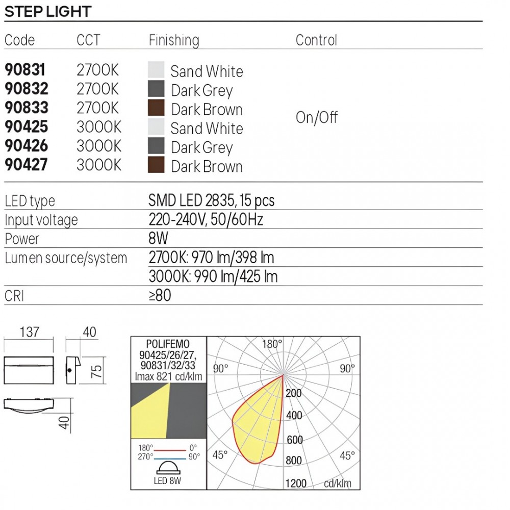 Step light Redo Polifemo, metal, dark grey, LED, 8W, 425 lumens, warm white 3000K, L.14 cm, IP65