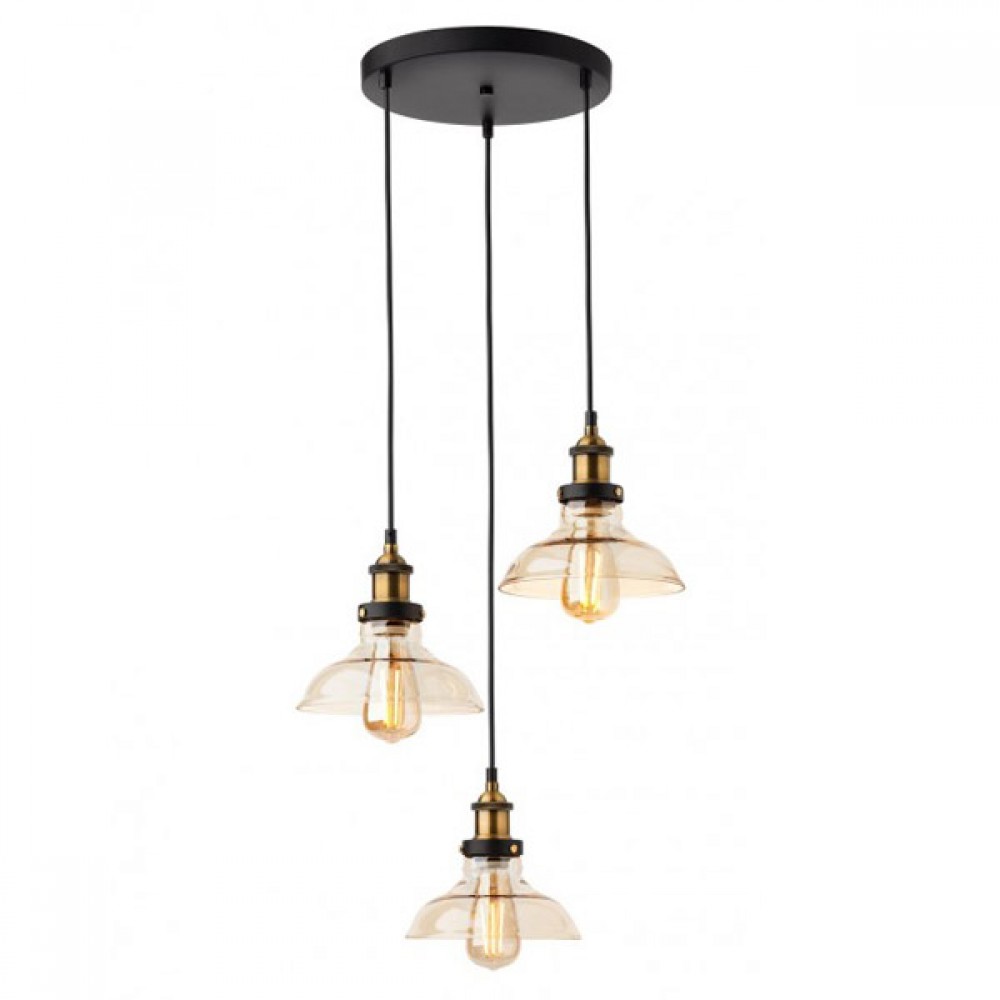 Suspension Smarter Saville, metal, glass, black/antique brass, 3XE27, D.28 cm