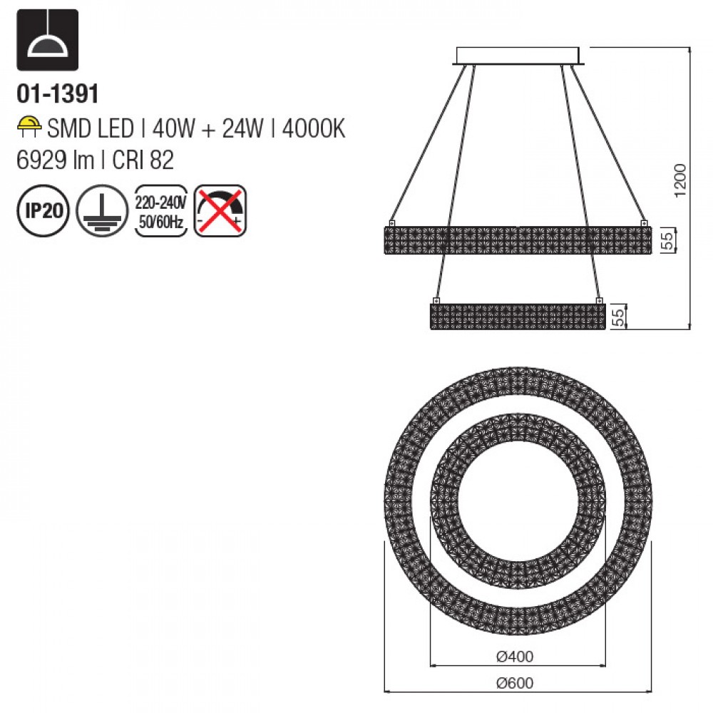 Suspension Smarter Metis, metal, chrome, 64W, 6929 lumens, neutral white 4000K, D.60 cm