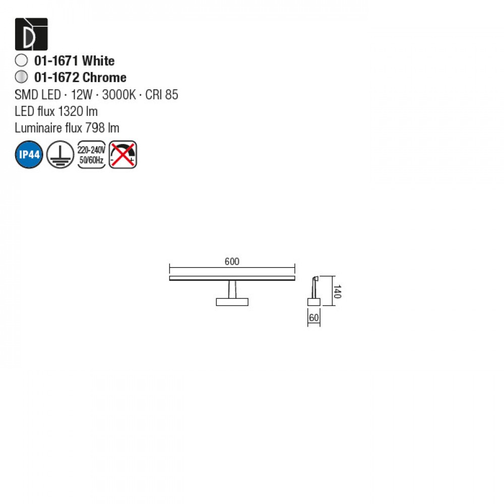 Wall lamp Smarter Neptune, metal, chrome, LED, 12W, 798 lumens, warm white 3000K, L.60 cm