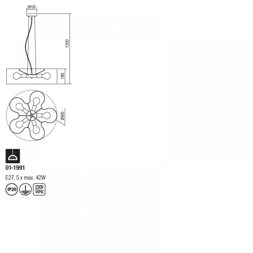 Suspension Redo Formi, metal, matt black, 5XE27, D.60 cm