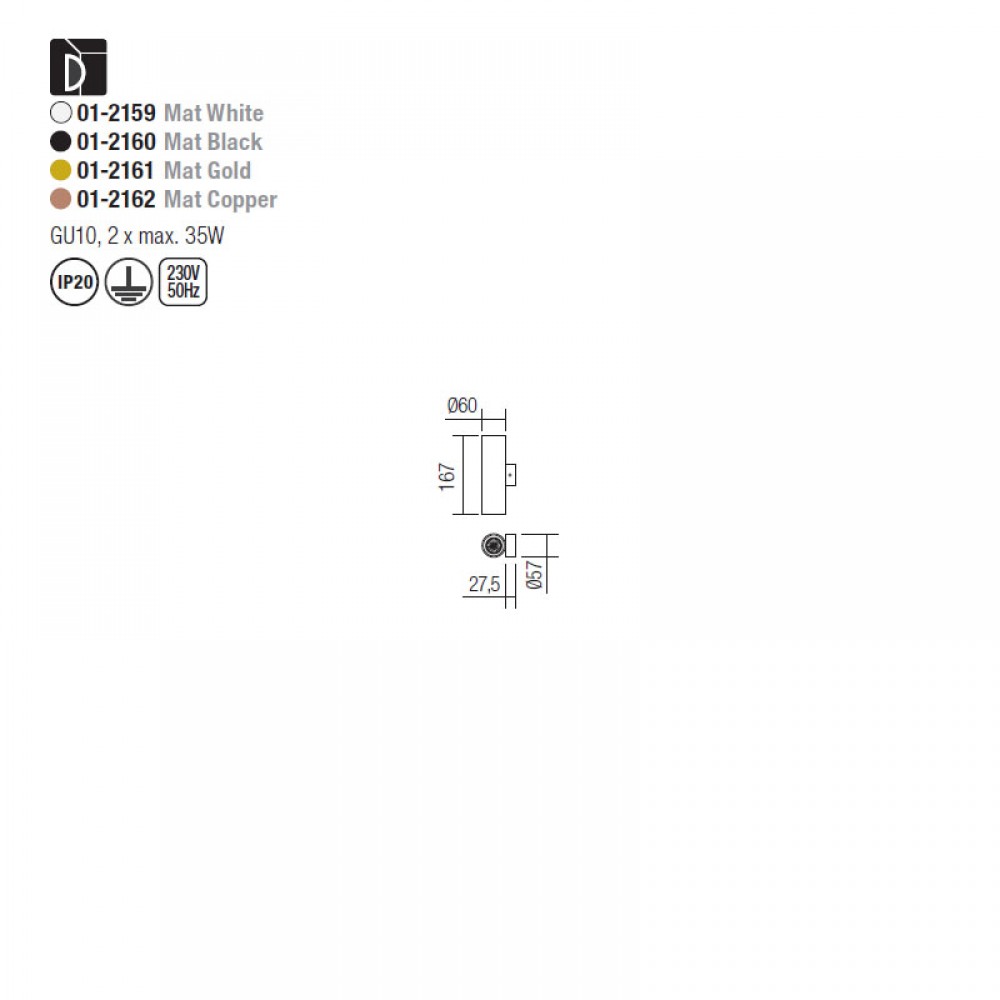 Wall lamp Smarter Axis, metal, matt black, 2XGU10, H.16 cm
