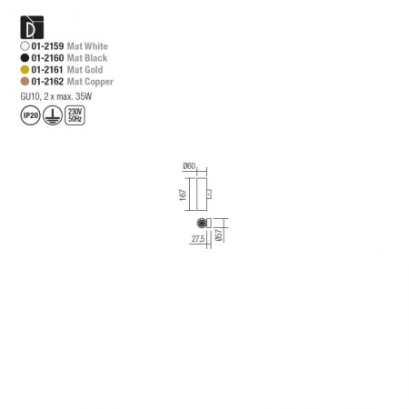 Wall lamp Smarter Axis, metal, matt black, 2XGU10, H.16 cm