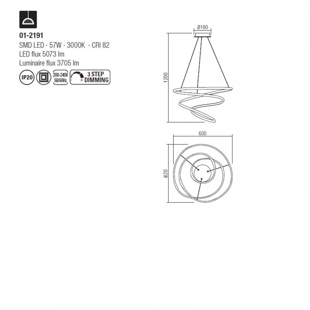 Suspension Smarter Sintra, metal, matt white, LED, 57W, 3705 lumens, warm white 3000K, L.62 cm