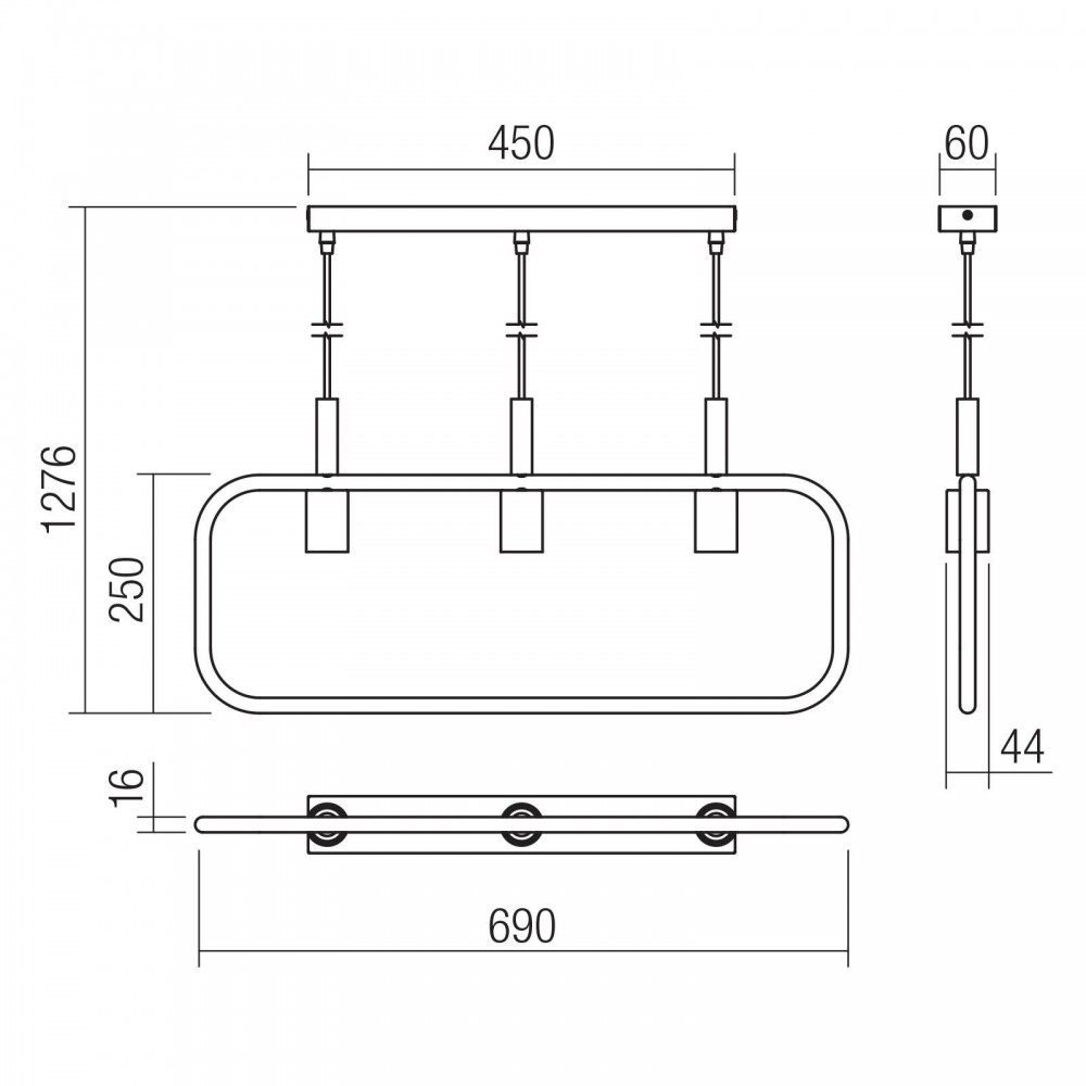 SuspensionRedo Aeris, metal, matte black, 3xE27, L.69 cm