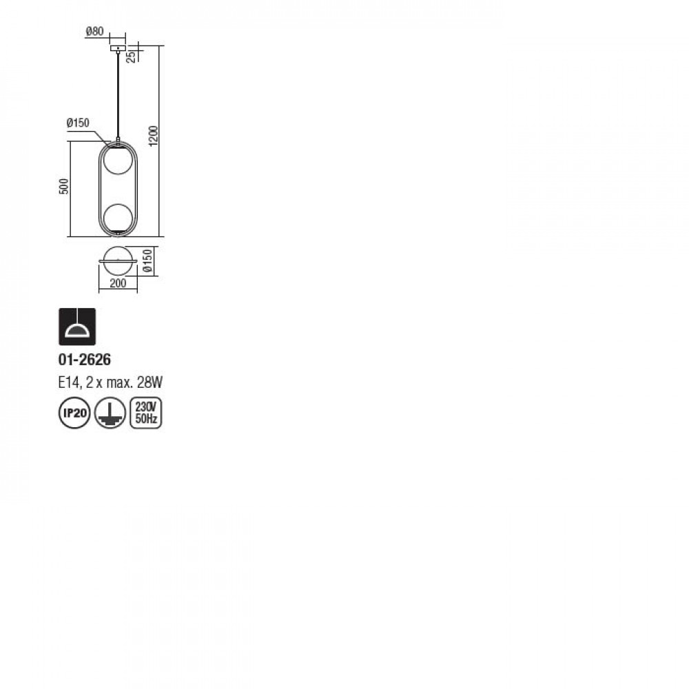 Suspension Smarter Niva, metal, glass, satin gold, 2XE14, L.20 cm