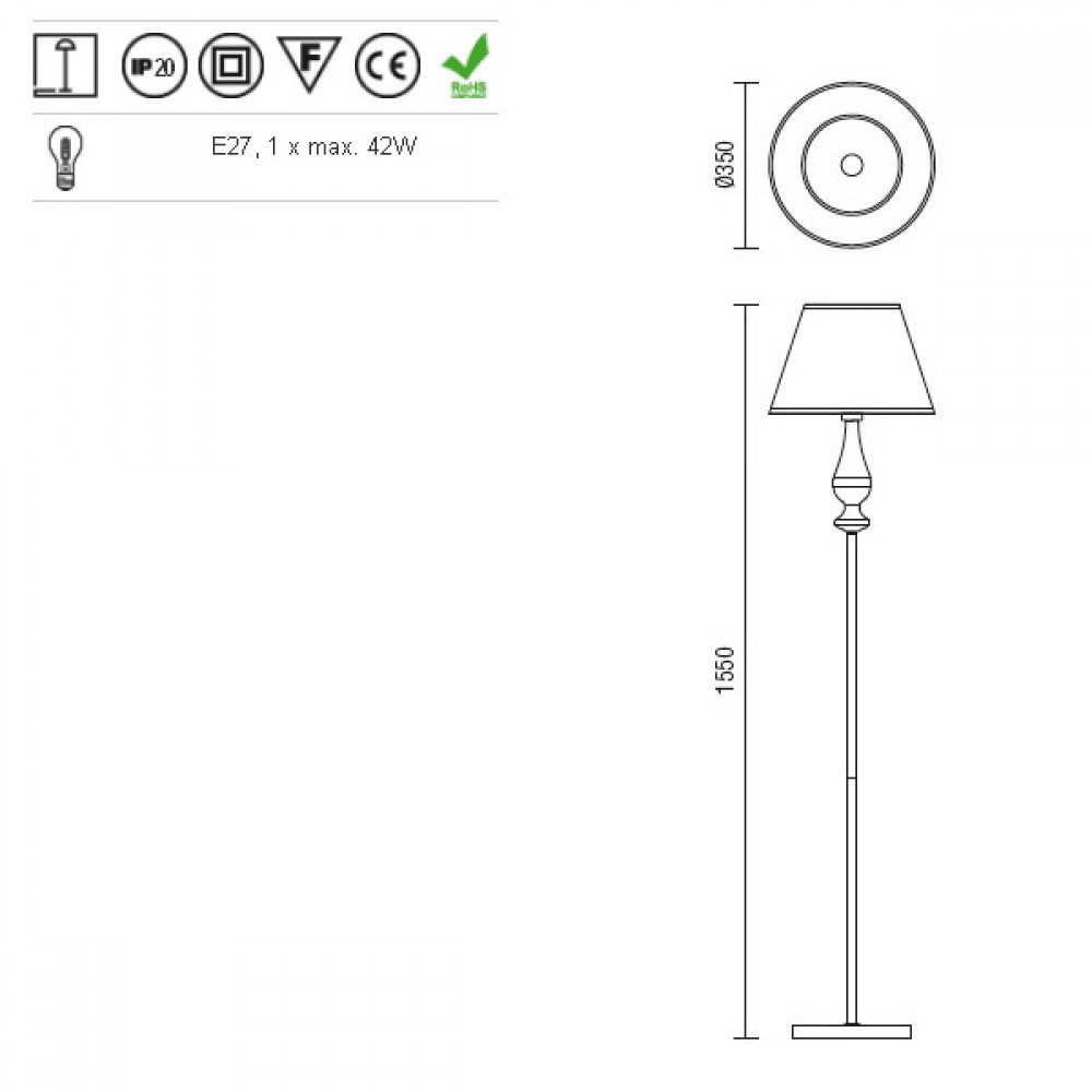 Floor lamp Smarter Fabiola, metal, fabric, brass, 1XE27, H.155 cm