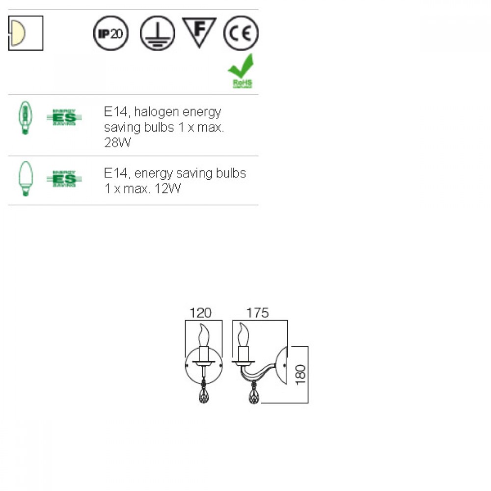 Wall lamp Smarter Fabiola, metal, glass, brass, 1XE14, H.18 cm