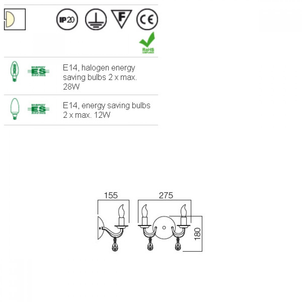 Wall lamp Smarter Fabiola, metal, glass, brass, 2XE14, L.27 cm