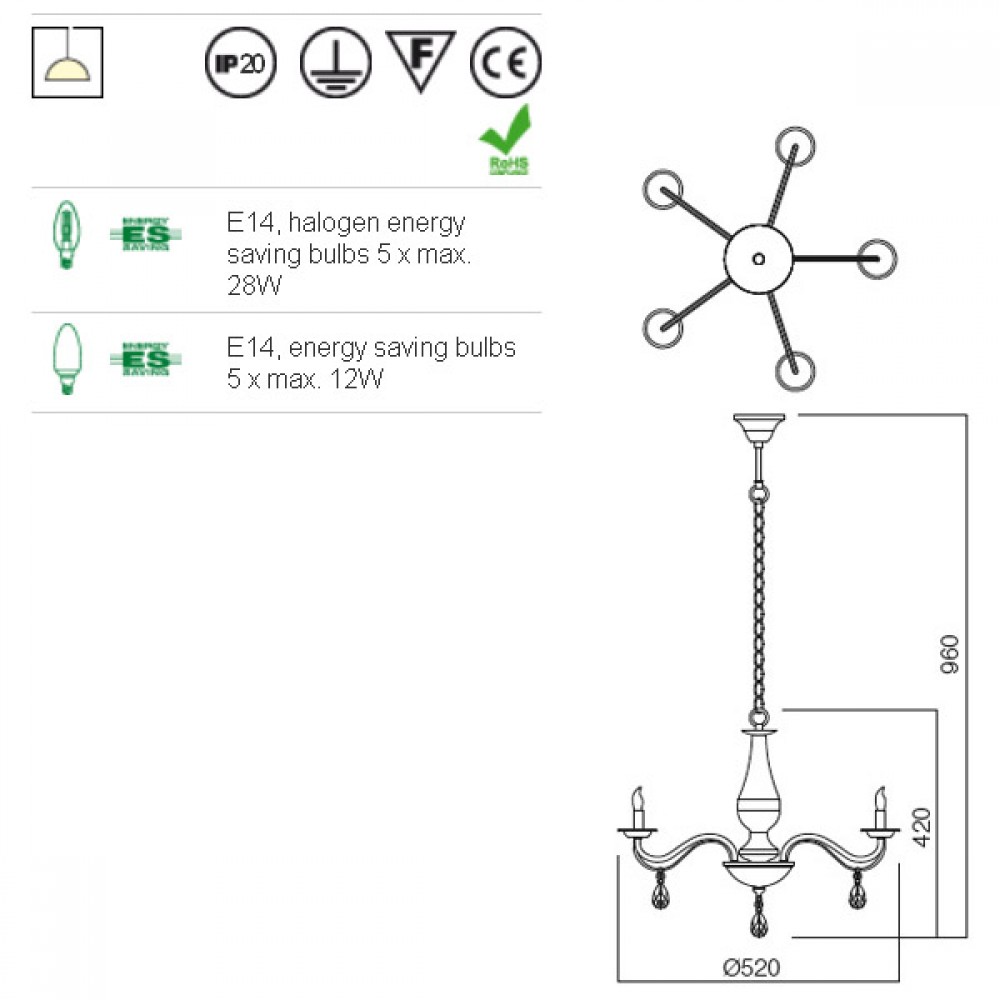 Chandelier Smarter Fabiola, metal, glass, brass, 5XE14, D.52 cm