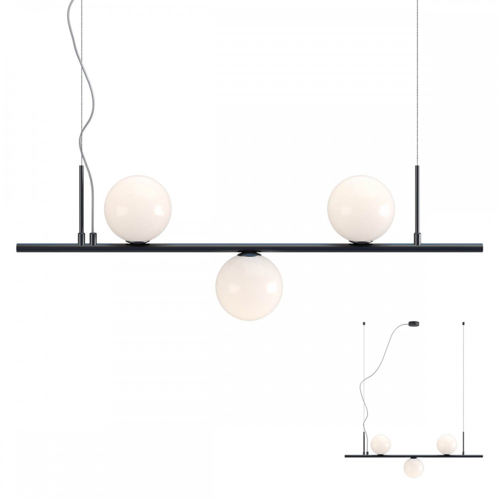 Pendant lamp Redo Talis, metal, glass, matt black, 3XE14, L.85 cm